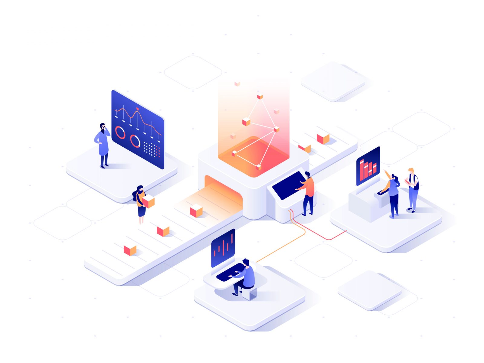 People interacting with charts and analysing statistics. Data vi People interacting with charts and analysing statistics. Data visualisation concept. 3d isometric illustration.